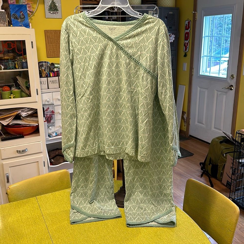 Garnet Hill Asian Wrap Pajamas Green Cotton Size Medium